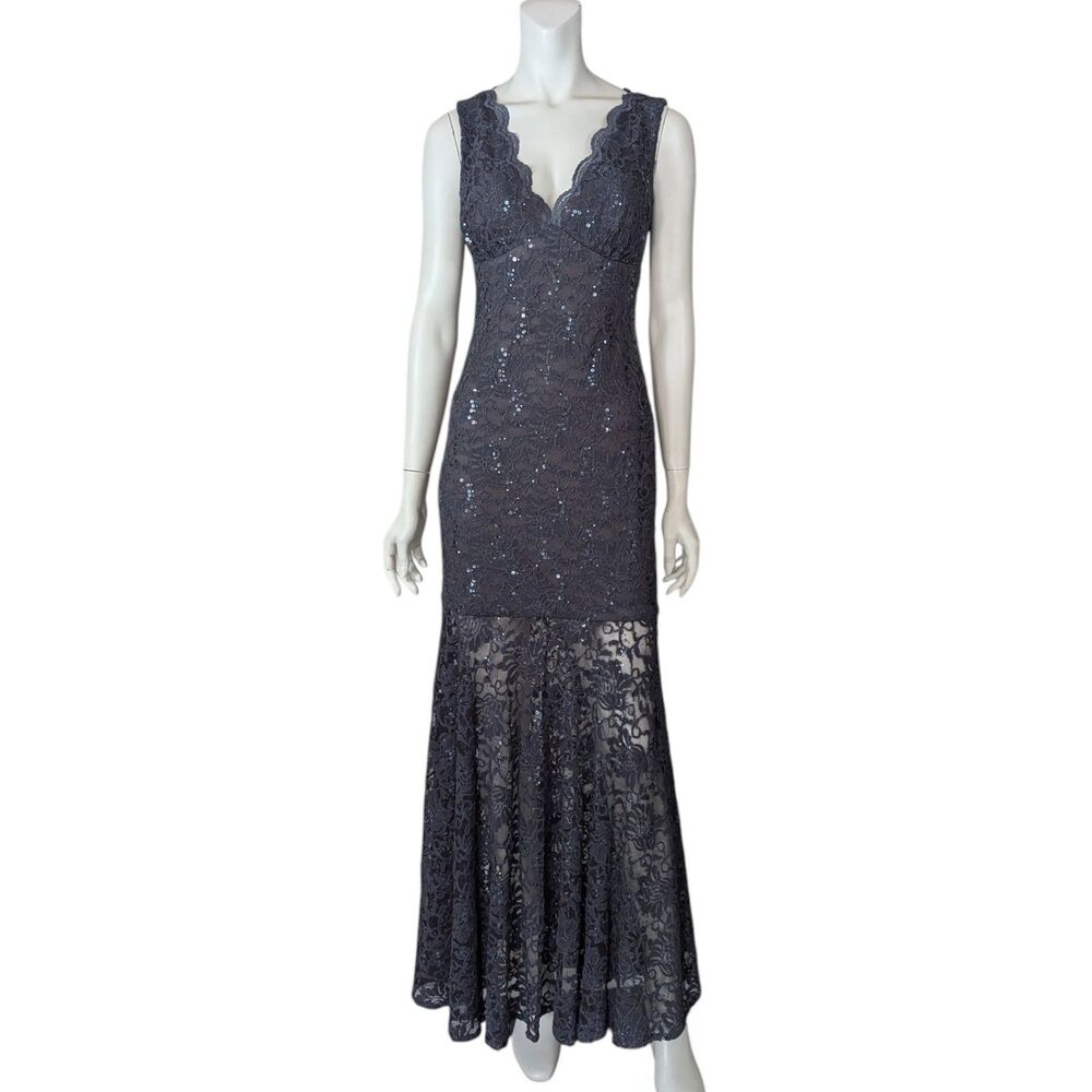 Nightway Charcoal Sequin Lace Ruffle Trumpet Formal Gown Size 6 NWT